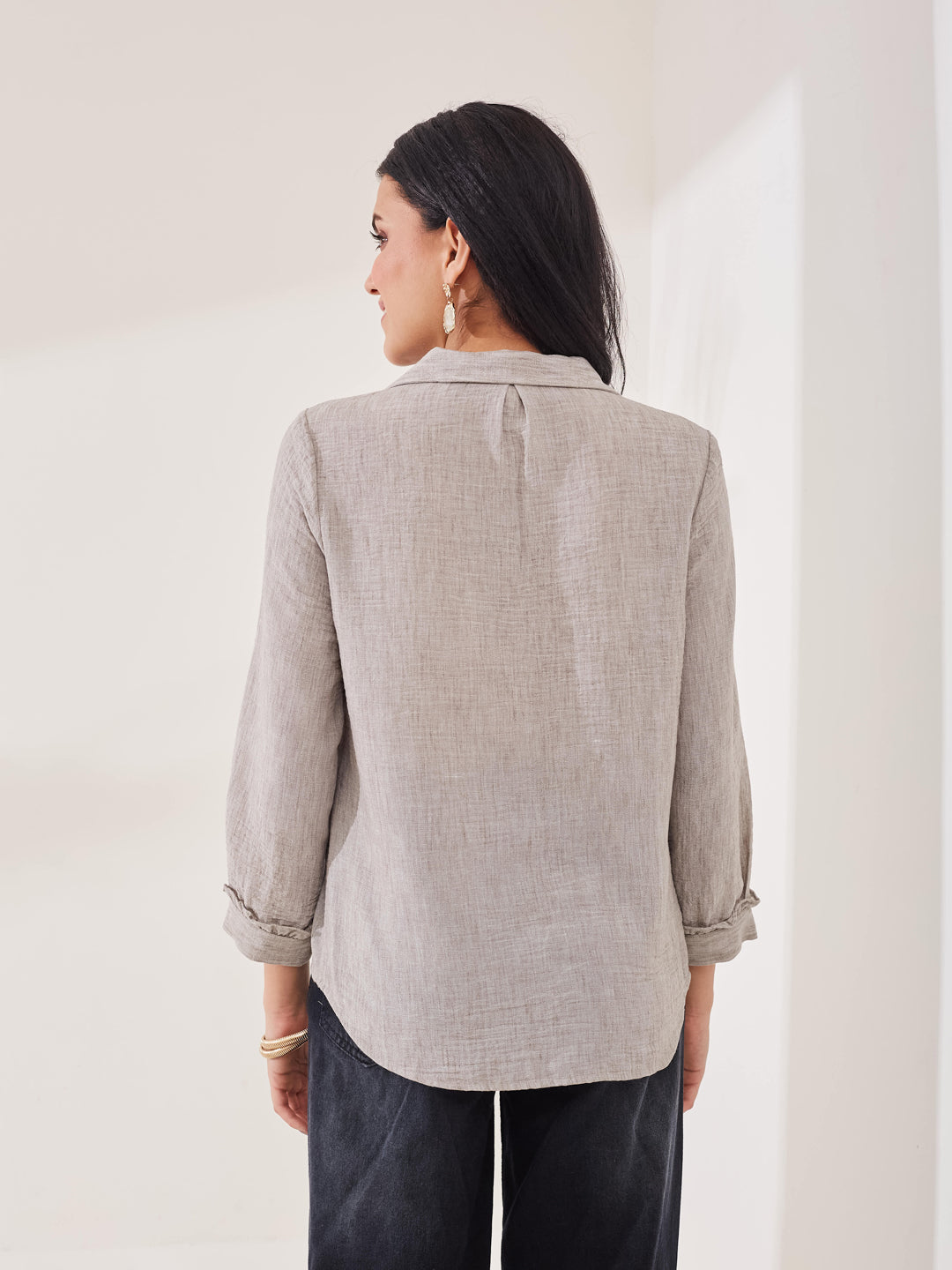 Latin Quarters Women's Grey Solid 3/4th Sleeve Collar Neck Casual Tunic