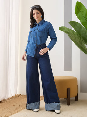 Latin Quarters Women Blue Solid Full Sleeves Collar Neck Casual Shirt