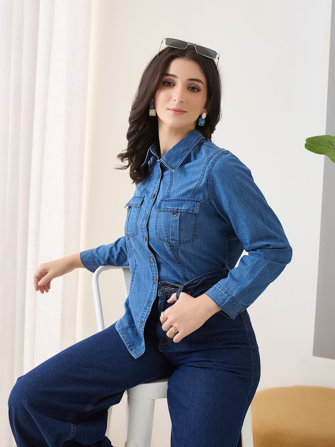 Latin Quarters Women Blue Solid Full Sleeves Collar Neck Casual Shirt