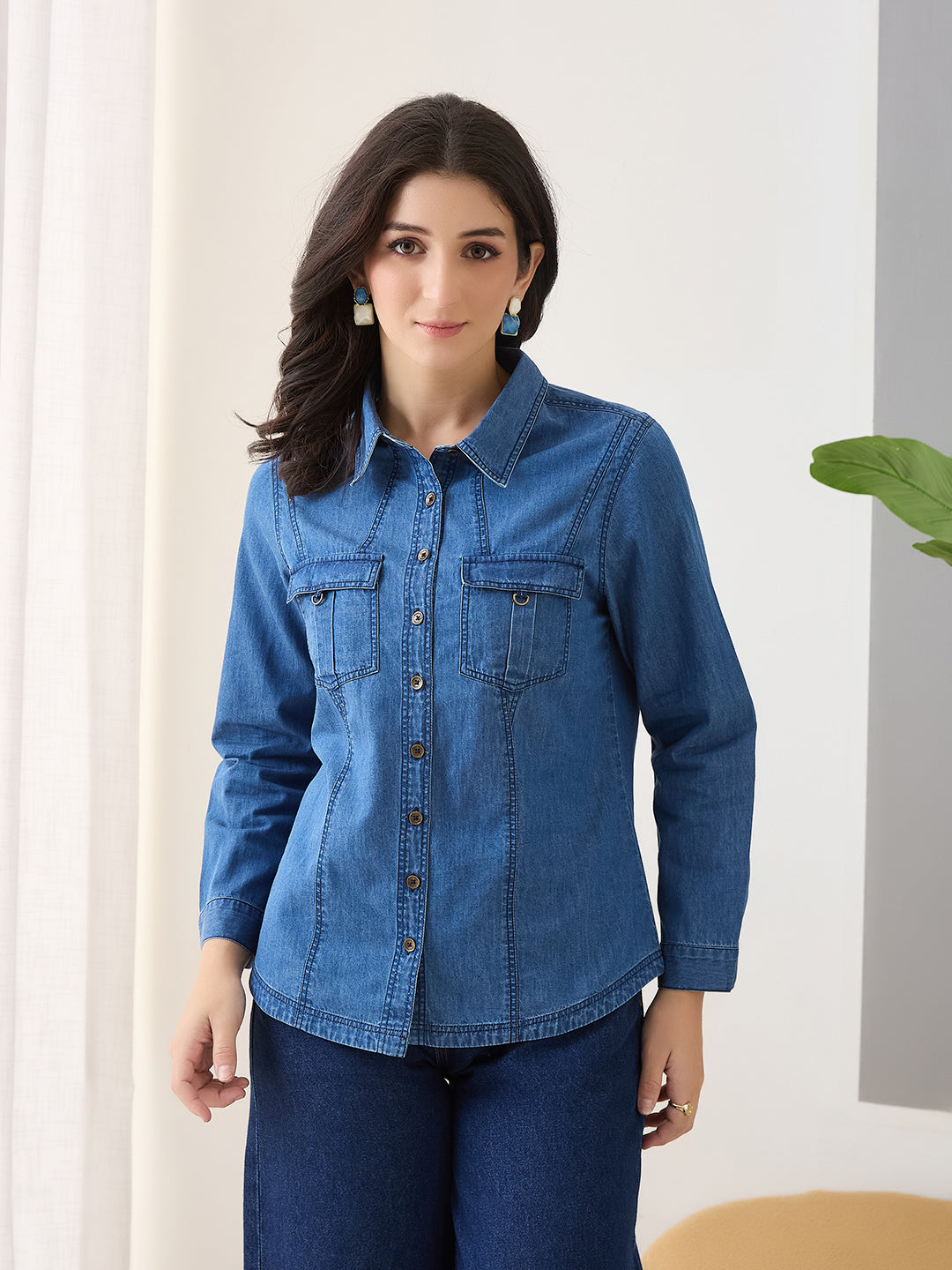 Latin Quarters Women Blue Solid Full Sleeves Collar Neck Casual Shirt