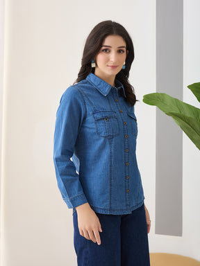 Latin Quarters Women Blue Solid Full Sleeves Collar Neck Casual Shirt