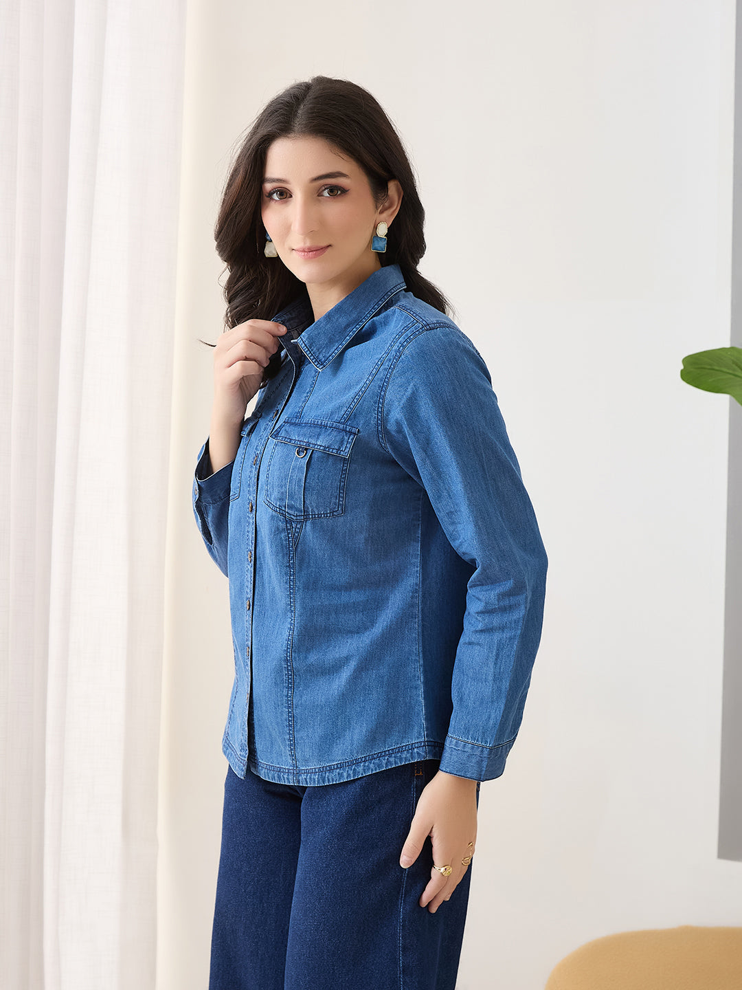 Latin Quarters Women Blue Solid Full Sleeves Collar Neck Casual Shirt