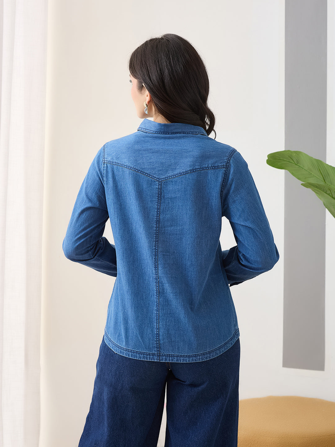 Latin Quarters Women Blue Solid Full Sleeves Collar Neck Casual Shirt