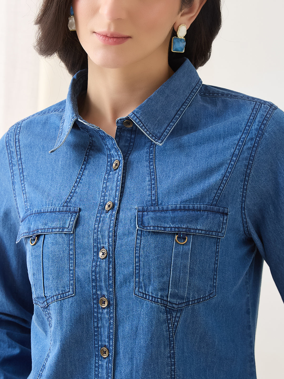 Latin Quarters Women Blue Solid Full Sleeves Collar Neck Casual Shirt