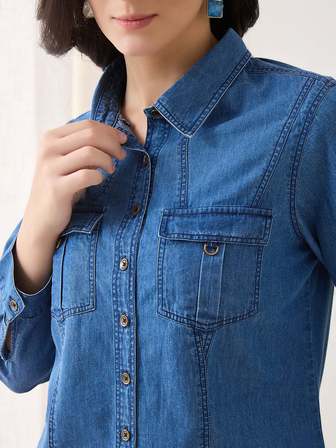 Latin Quarters Women Blue Solid Full Sleeves Collar Neck Casual Shirt