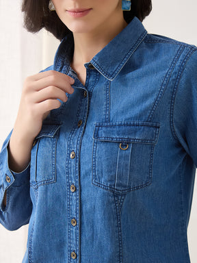 Latin Quarters Women Blue Solid Full Sleeves Collar Neck Casual Shirt