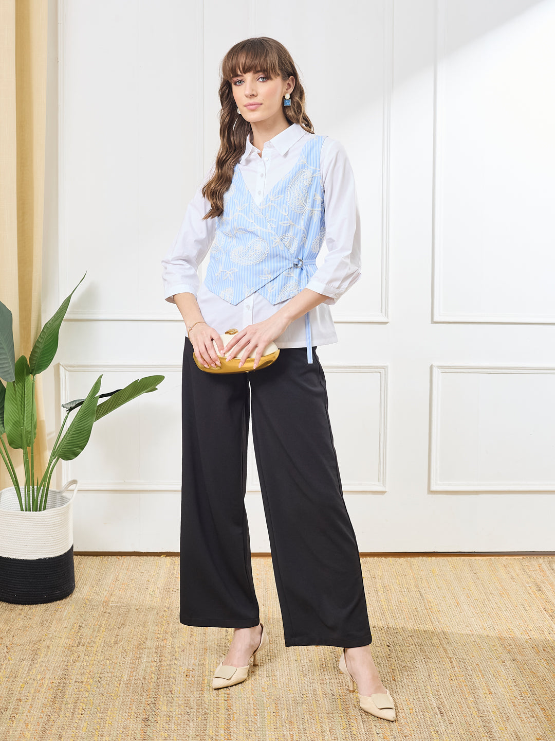 Latin Quarters Women's Blue 3/4th Sleeves Collar Neck Casual Embroidery Shirt