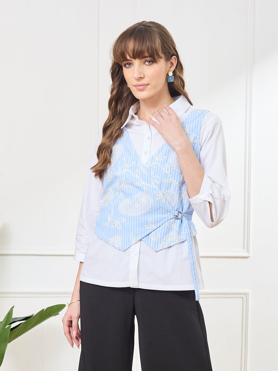 Latin Quarters Women's Blue 3/4th Sleeves Collar Neck Casual Embroidery Shirt