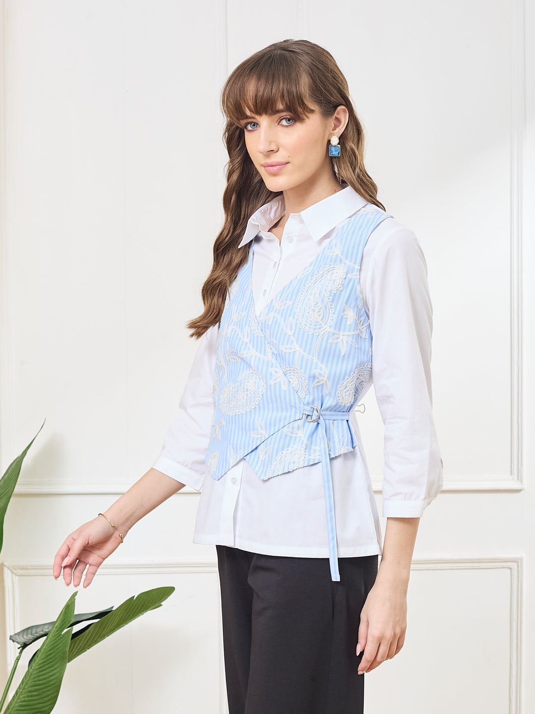 Latin Quarters Women's Blue 3/4th Sleeves Collar Neck Casual Embroidery Shirt