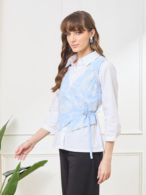Latin Quarters Women's Blue 3/4th Sleeves Collar Neck Casual Embroidery Shirt