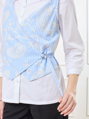 Latin Quarters Women's Blue 3/4th Sleeves Collar Neck Casual Embroidery Shirt