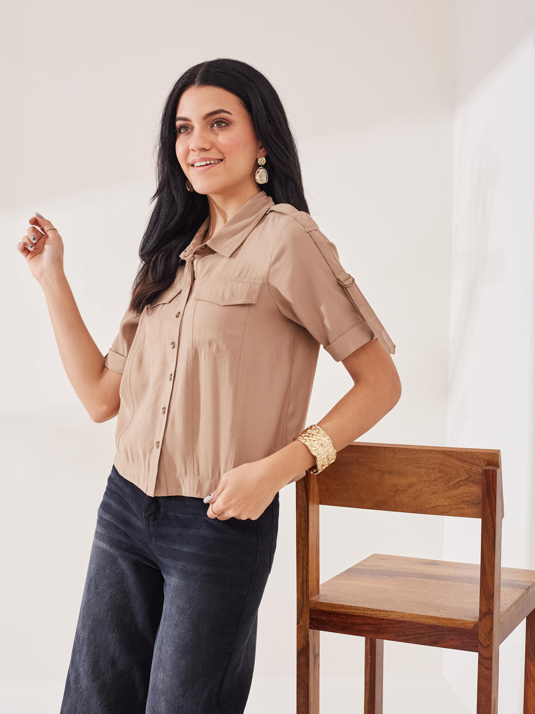 Latin Quarters Women's Beige Solid Half Sleeves Collar Neck Casual Shirt