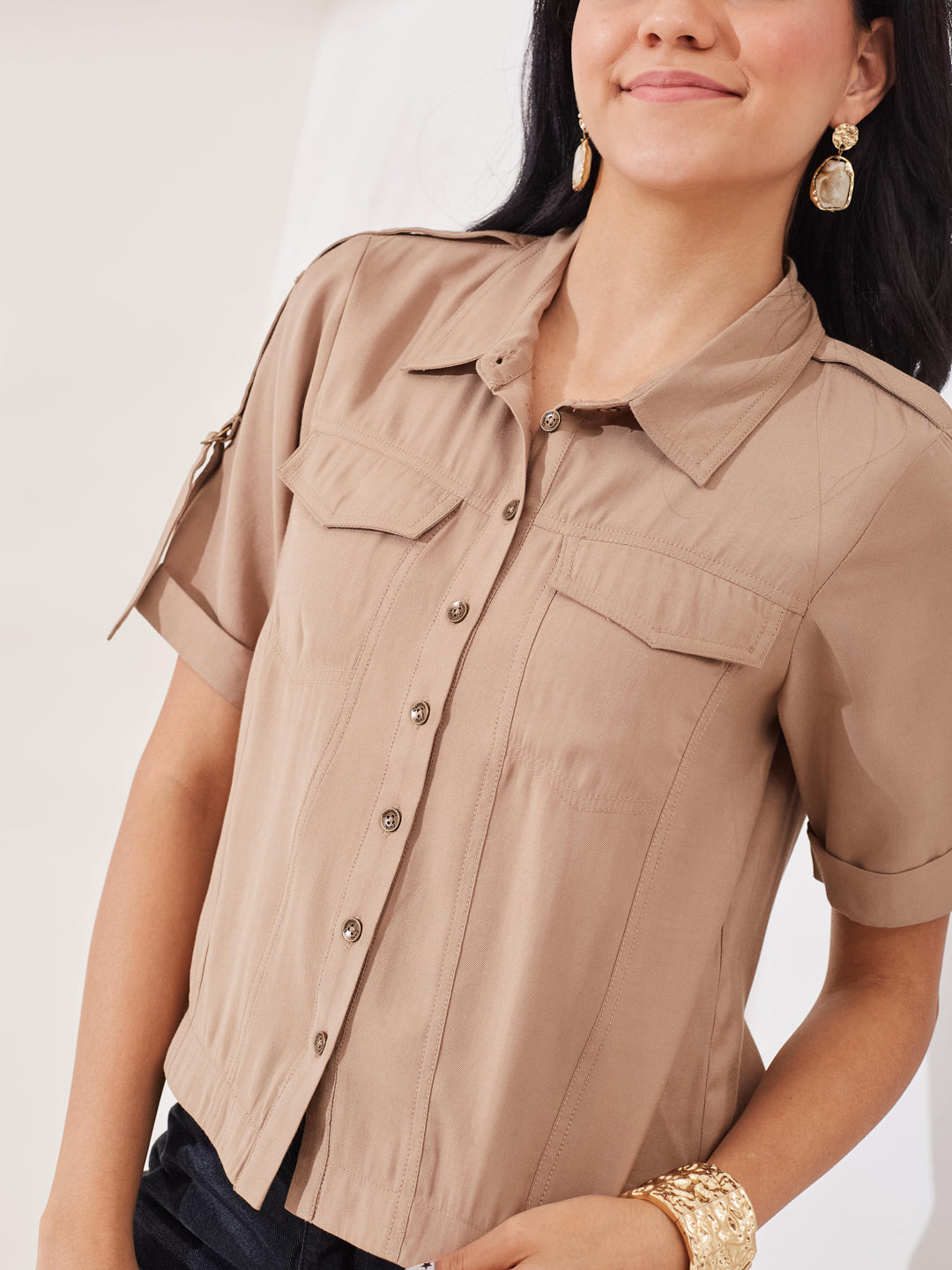 Latin Quarters Women's Beige Solid Half Sleeves Collar Neck Casual Shirt