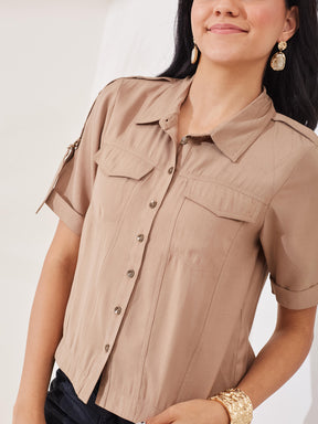 Latin Quarters Women's Beige Solid Half Sleeves Collar Neck Casual Shirt