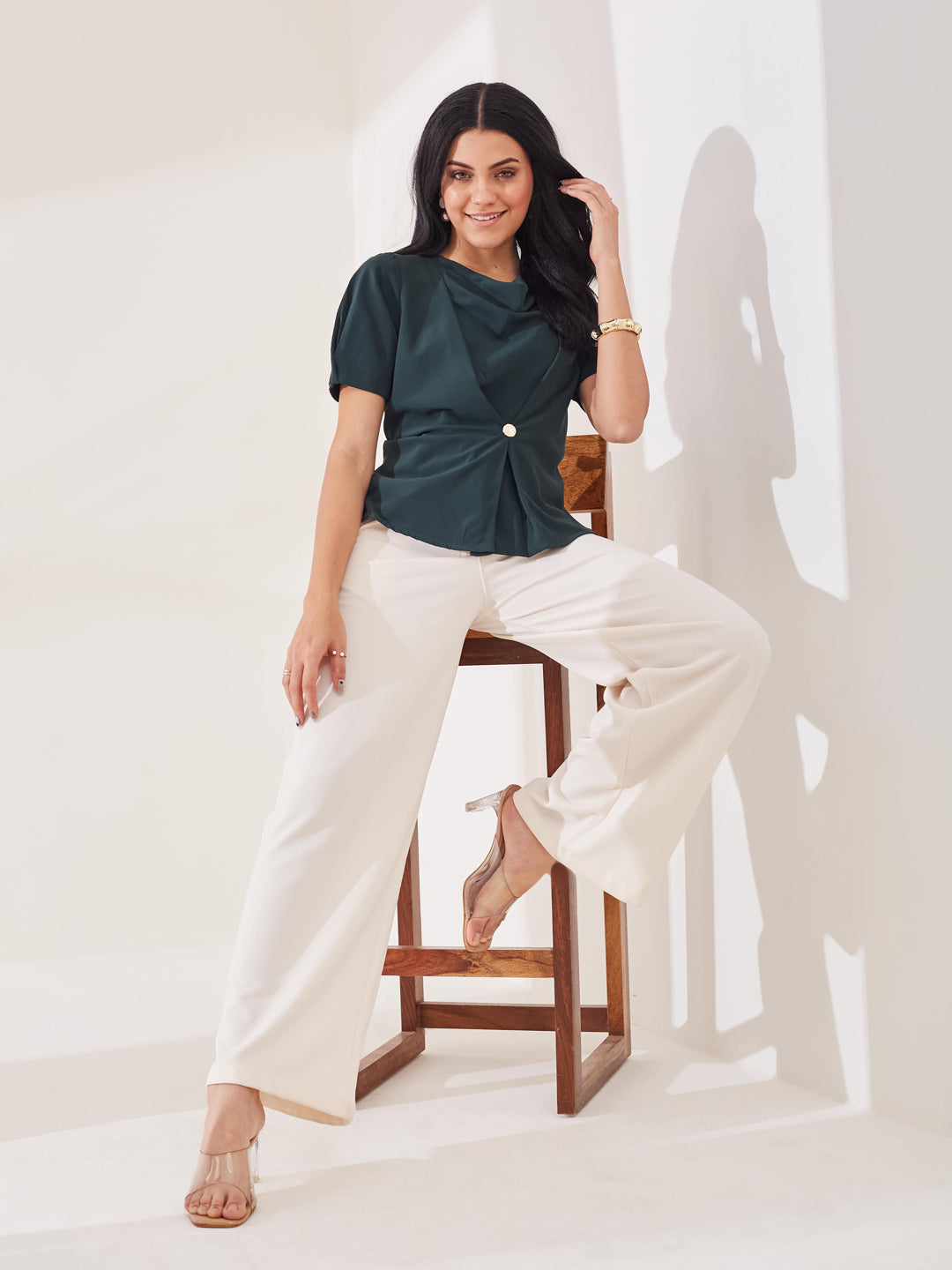 Latin Quarters Women's Green Solid Half Sleeves Cowl Neck Casual Top