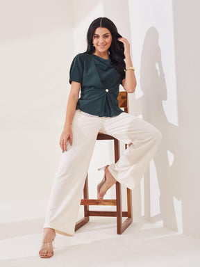 Latin Quarters Women's Green Solid Half Sleeves Cowl Neck Casual Top