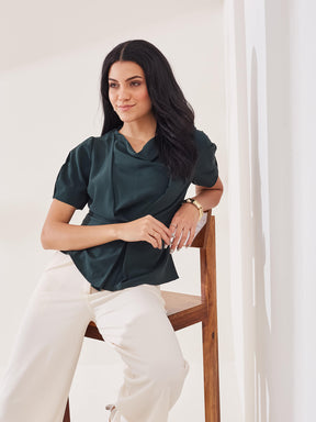 Latin Quarters Women's Green Solid Half Sleeves Cowl Neck Casual Top