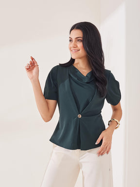 Latin Quarters Women's Green Solid Half Sleeves Cowl Neck Casual Top