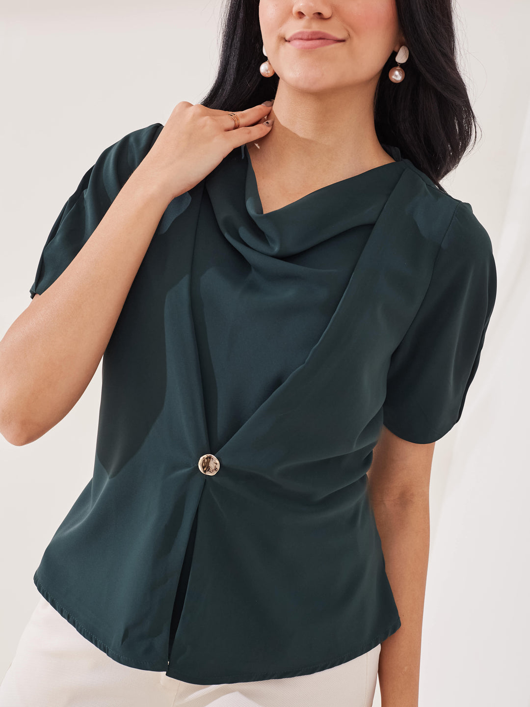 Latin Quarters Women's Green Solid Half Sleeves Cowl Neck Casual Top