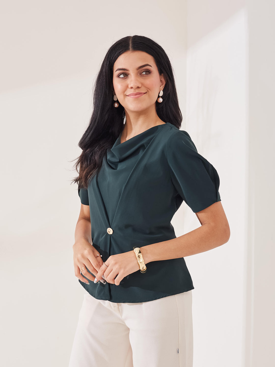 Latin Quarters Women's Green Solid Half Sleeves Cowl Neck Casual Top