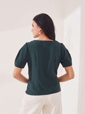 Latin Quarters Women's Green Solid Half Sleeves Cowl Neck Casual Top