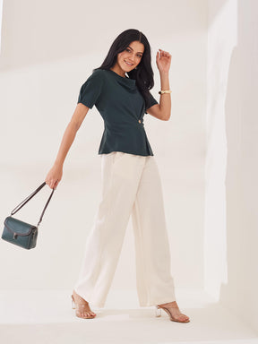 Latin Quarters Women's Green Solid Half Sleeves Cowl Neck Casual Top