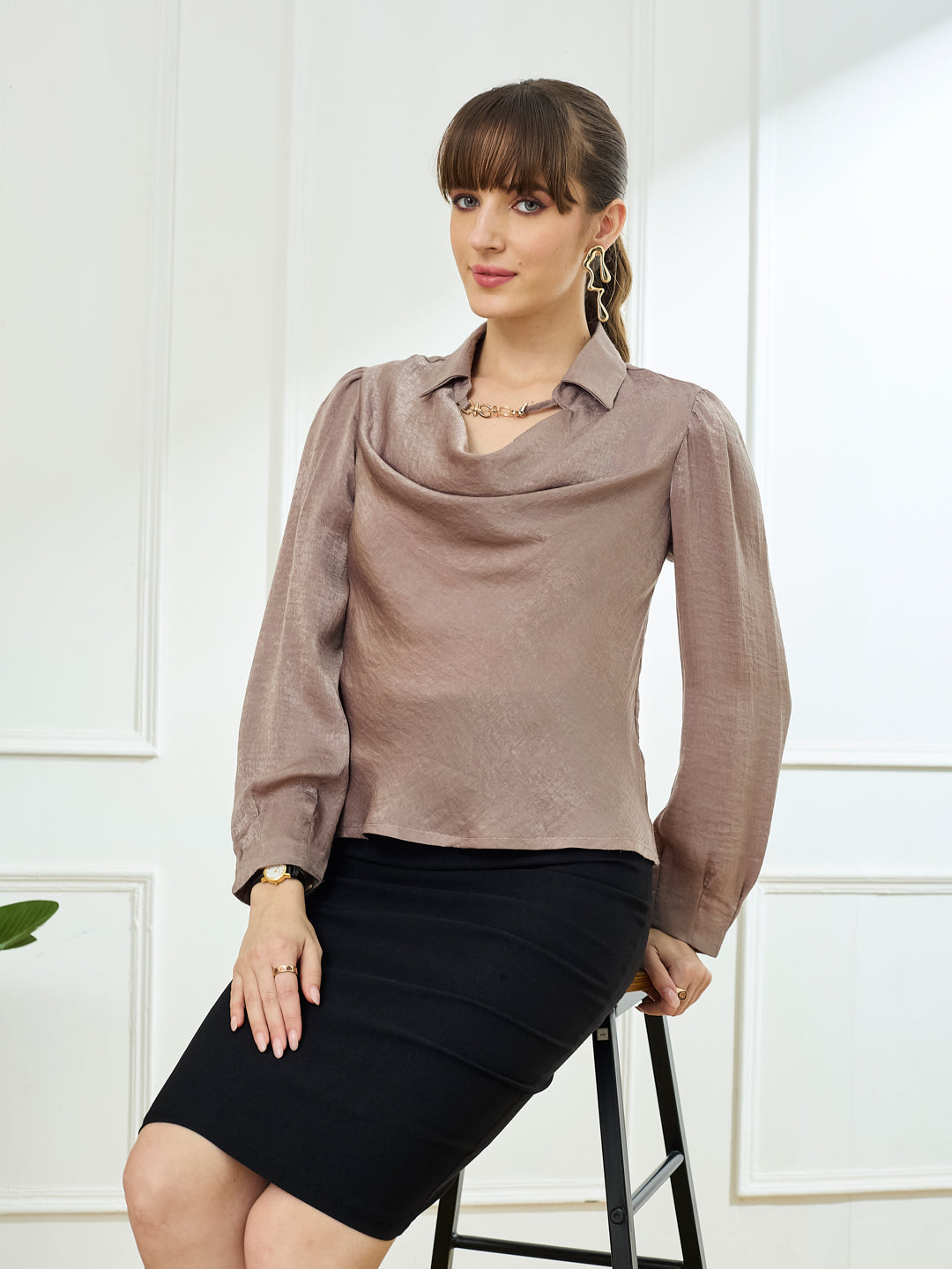 Latin Quarters Women's Beige Full Sleeves Cowl Neck Casual Solid Top