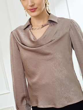 Latin Quarters Women's Beige Full Sleeves Cowl Neck Casual Solid Top