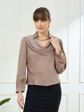 Latin Quarters Women's Beige Full Sleeves Cowl Neck Casual Solid Top