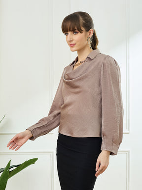 Latin Quarters Women Beige Full Sleeve Collared Casual Solid Top