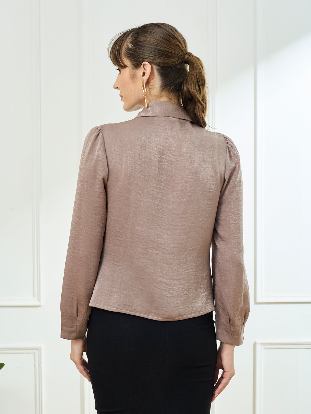 Latin Quarters Women Beige Full Sleeve Collared Casual Solid Top