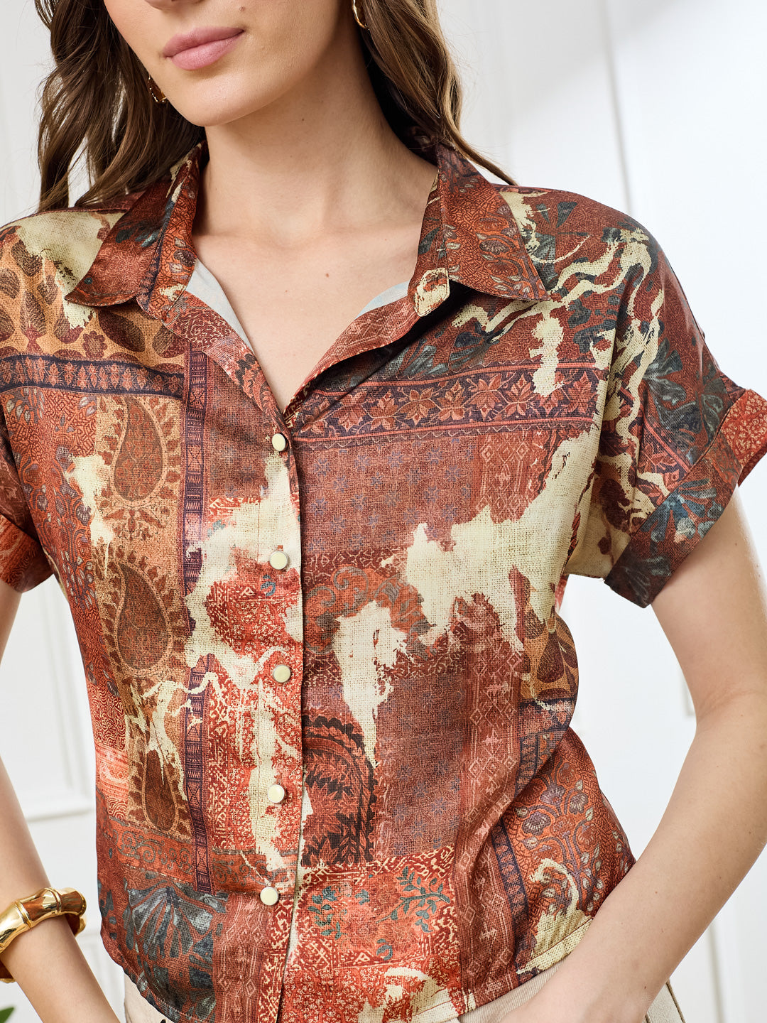 Latin Quarters Women's Rust Cap Sleeves Collar Neck Casual Printed Shirt