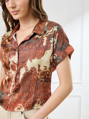 Latin Quarters Women's Rust Cap Sleeves Collar Neck Casual Printed Shirt
