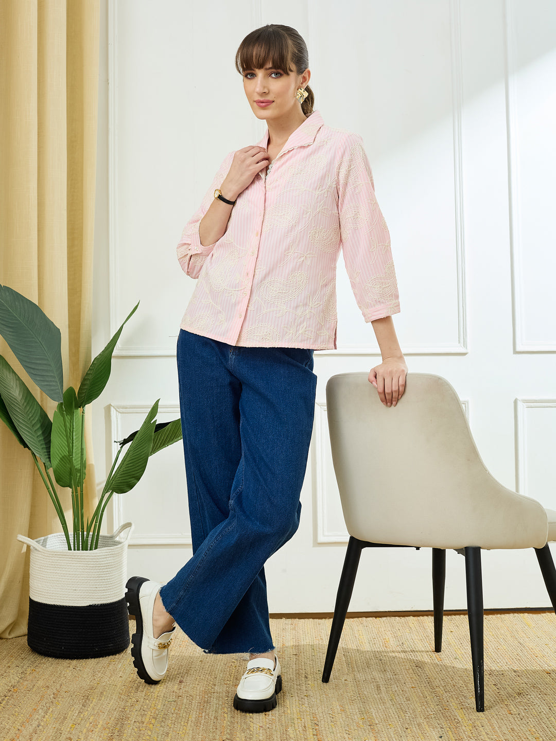 Latin Quarters Women's Pink 3/4th Sleeves Lapel Collar Casual Embroidery Shirt