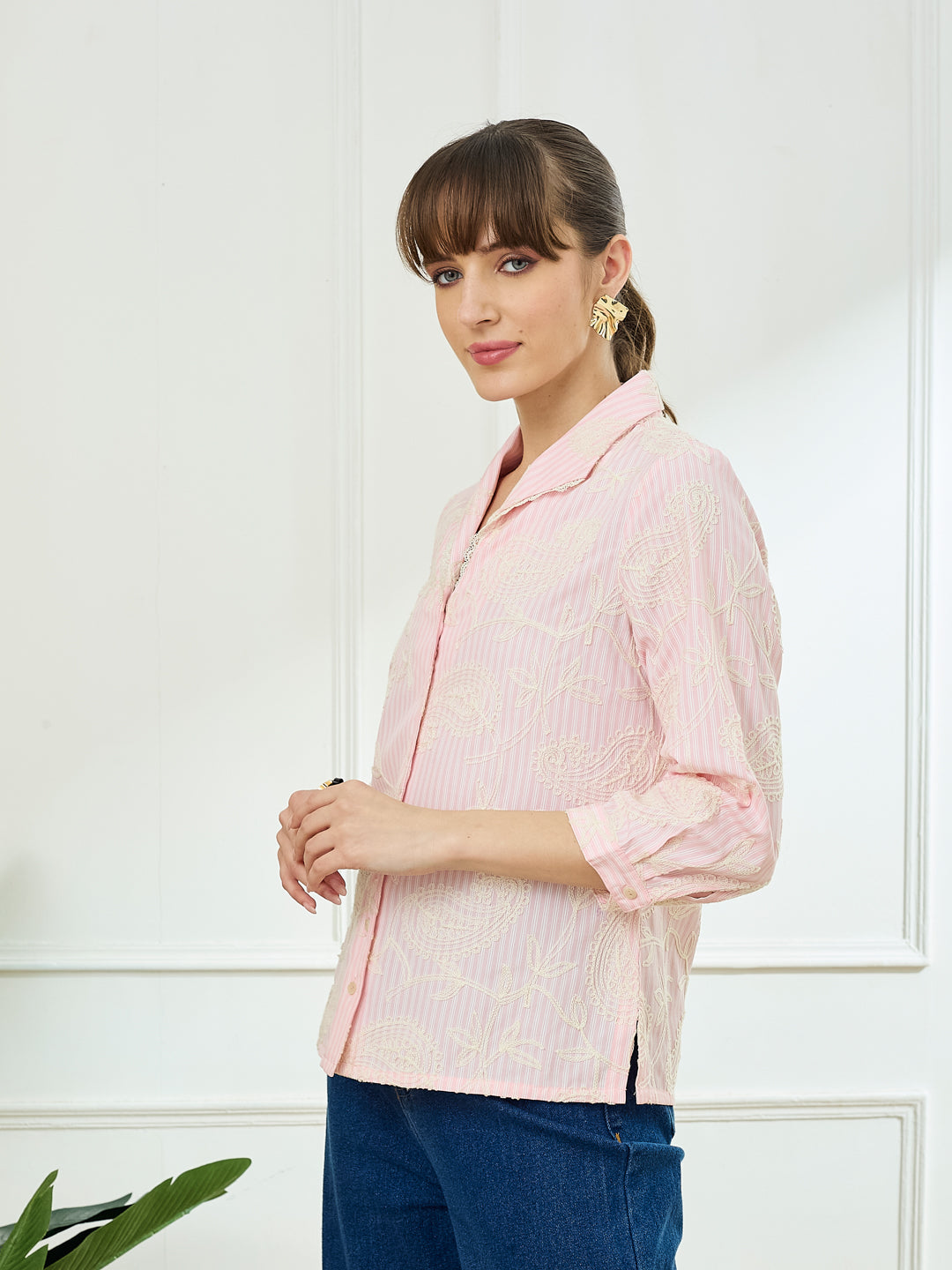 Latin Quarters Women's Pink 3/4th Sleeves Lapel Collar Casual Embroidery Shirt
