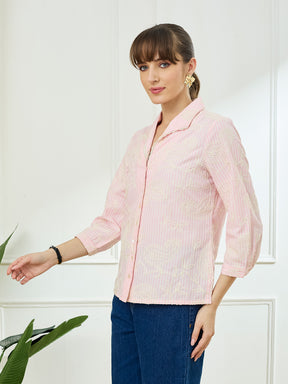 Latin Quarters Women's Pink 3/4th Sleeves Lapel Collar Casual Embroidery Shirt