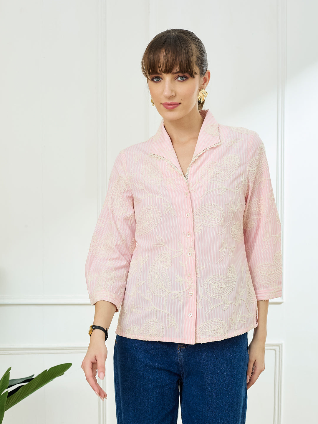 Latin Quarters Women's Pink 3/4th Sleeves Lapel Collar Casual Embroidery Shirt