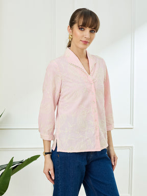 Latin Quarters Women's Pink 3/4th Sleeves Lapel Collar Casual Embroidery Shirt