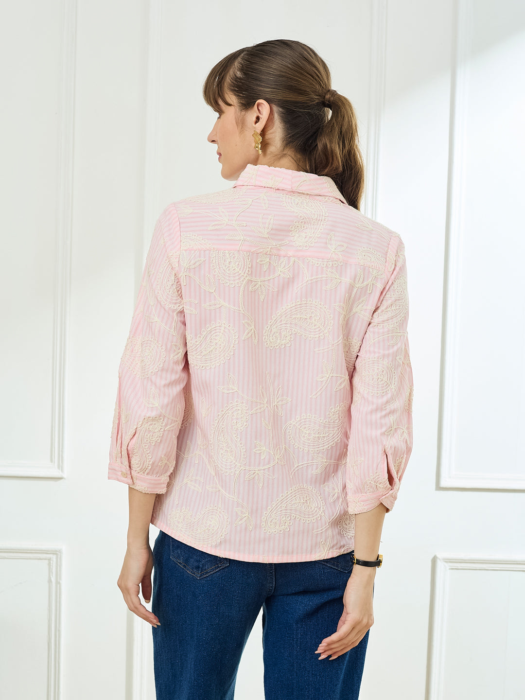 Latin Quarters Women's Pink 3/4th Sleeves Lapel Collar Casual Embroidery Shirt