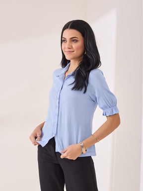 Latin Quarters Women's Blue Solid Half Sleeves Collar Neck Casual Shirt