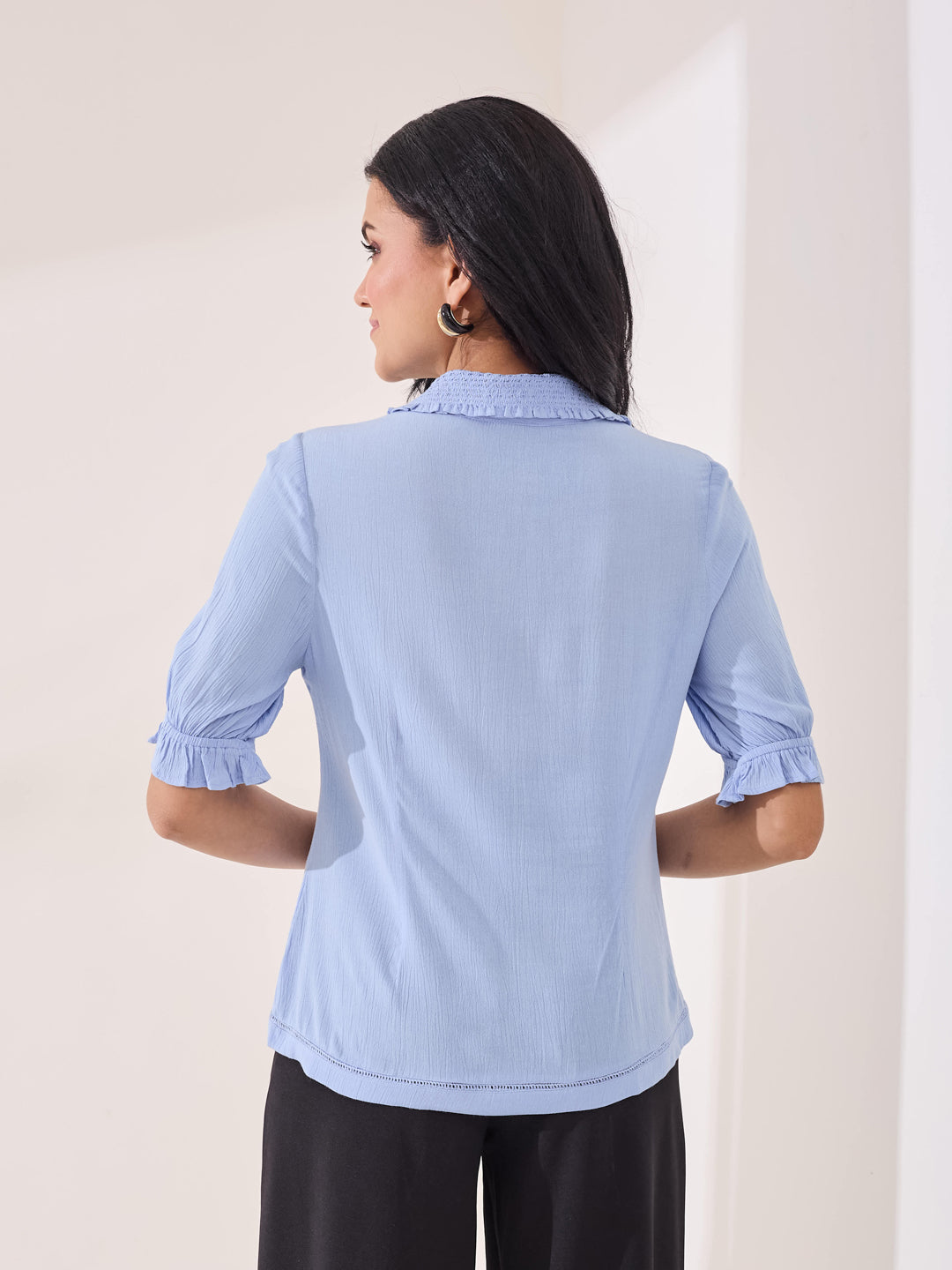 Latin Quarters Women's Blue Solid Half Sleeves Collar Neck Casual Shirt