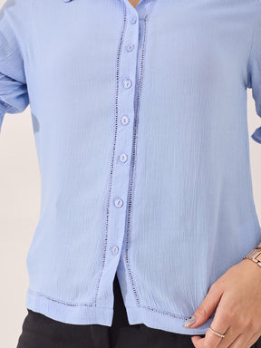 Latin Quarters Women's Blue Solid Half Sleeves Collar Neck Casual Shirt