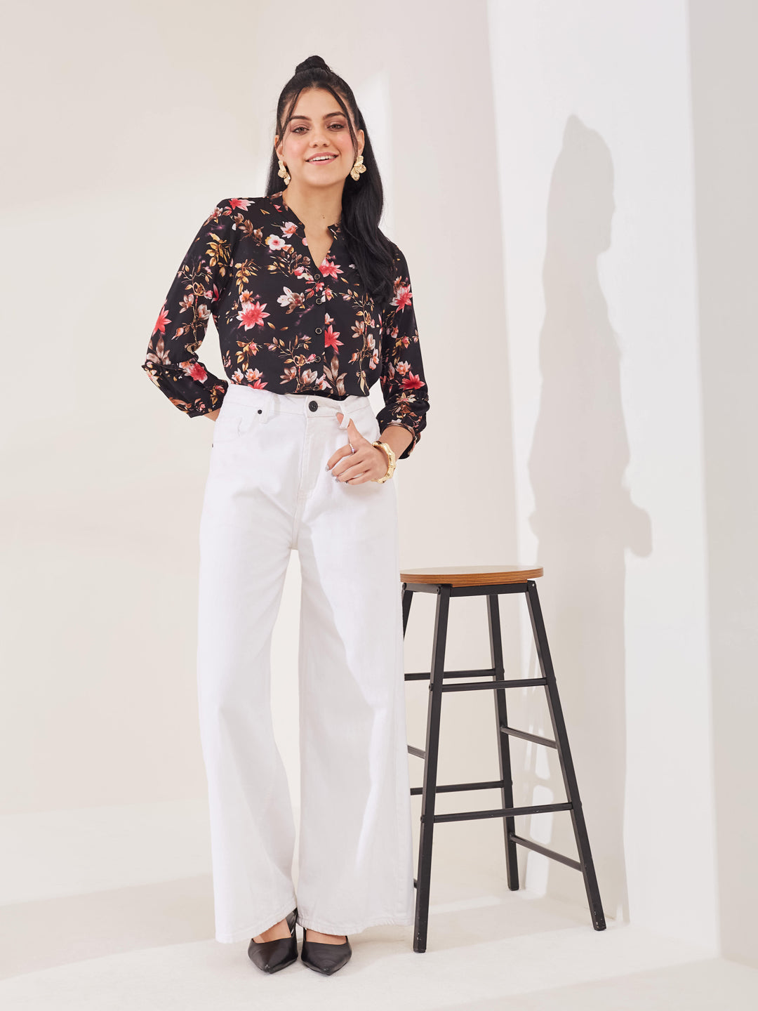 Latin Quarters Women's Black Printed 3/4th Sleeve Mandarin Neck Casual Shirt