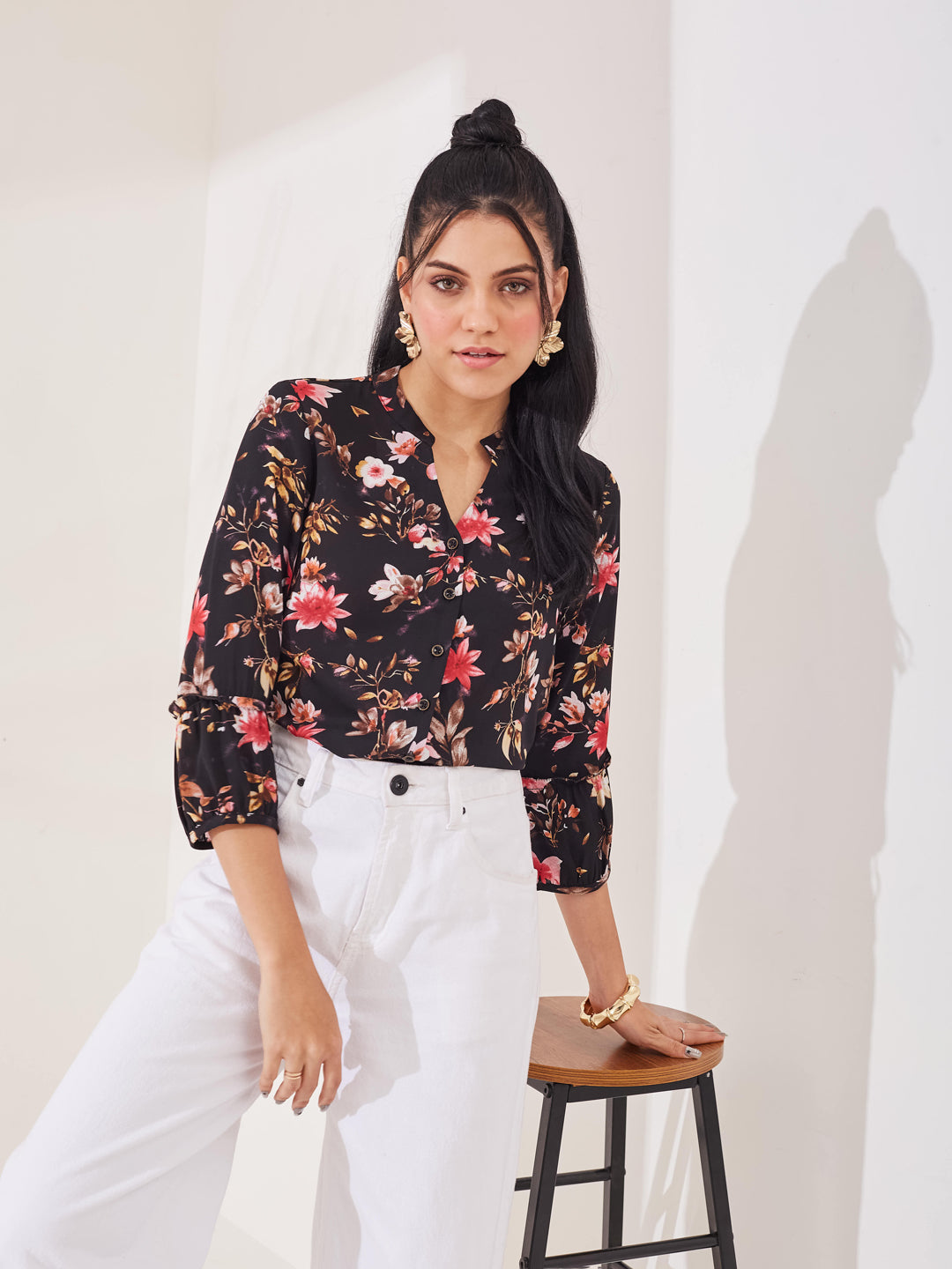 Latin Quarters Women's Black Printed 3/4th Sleeve Mandarin Neck Casual Shirt