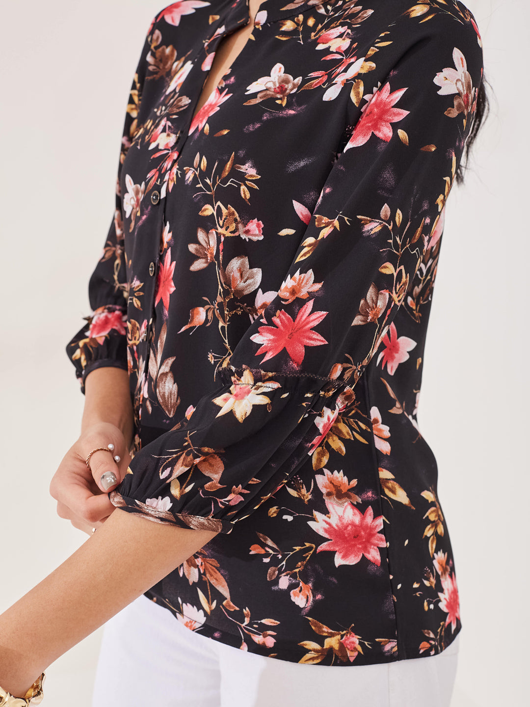 Latin Quarters Women's Black Printed 3/4th Sleeve Mandarin Neck Casual Shirt