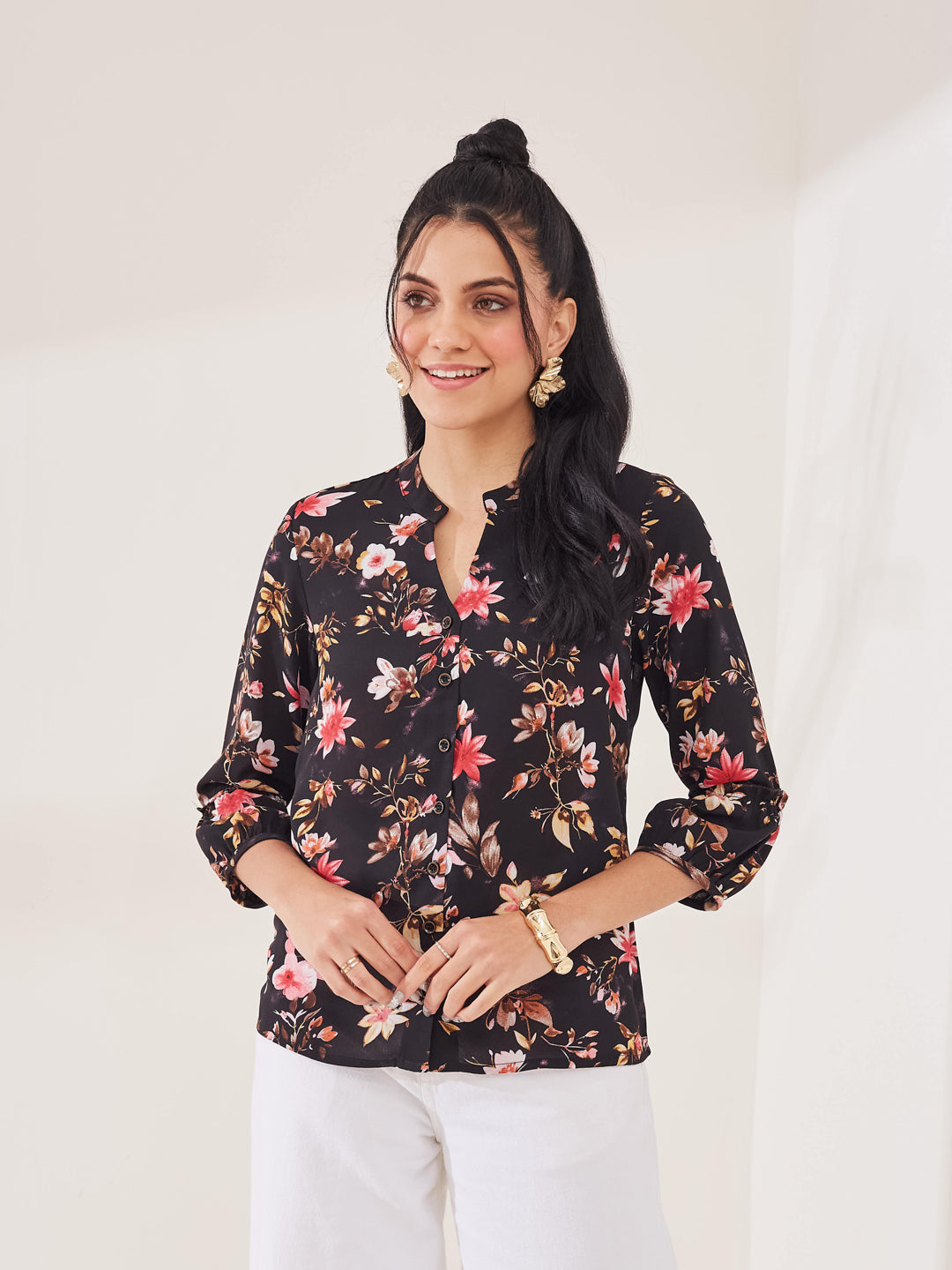 Latin Quarters Women's Black Printed 3/4th Sleeve Mandarin Neck Casual Shirt