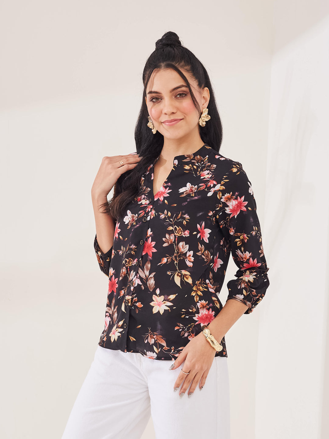 Latin Quarters Women's Black Printed 3/4th Sleeve Mandarin Neck Casual Shirt