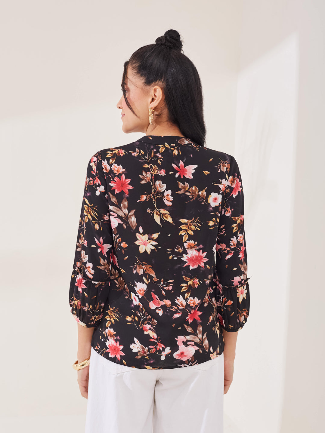 Latin Quarters Women's Black Printed 3/4th Sleeve Mandarin Neck Casual Shirt