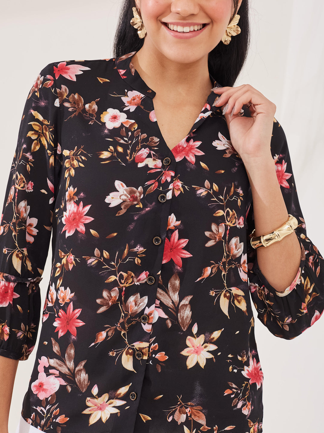 Latin Quarters Women's Black Printed 3/4th Sleeve Mandarin Neck Casual Shirt