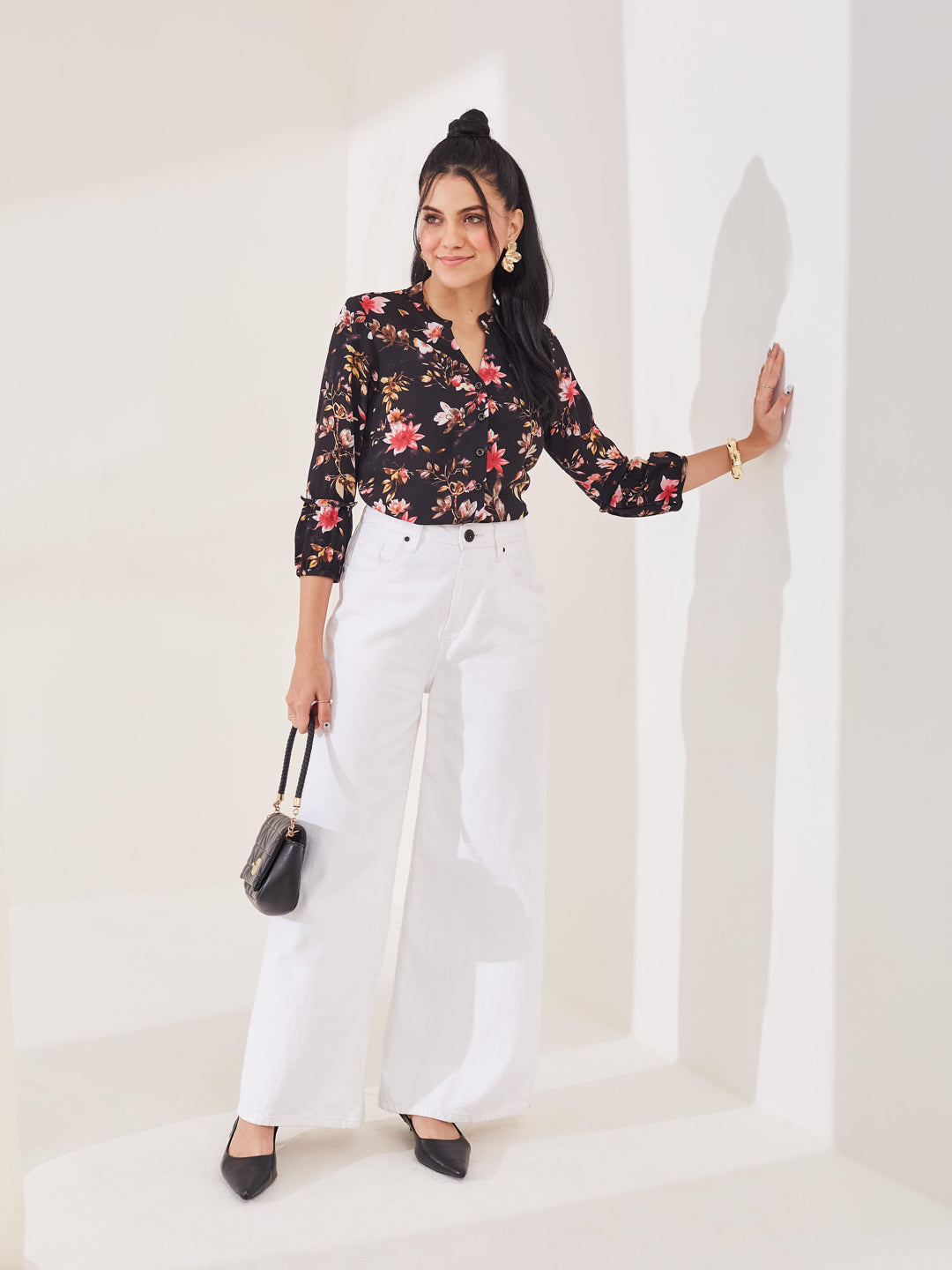 Latin Quarters Women's Black Printed 3/4th Sleeve Mandarin Neck Casual Shirt